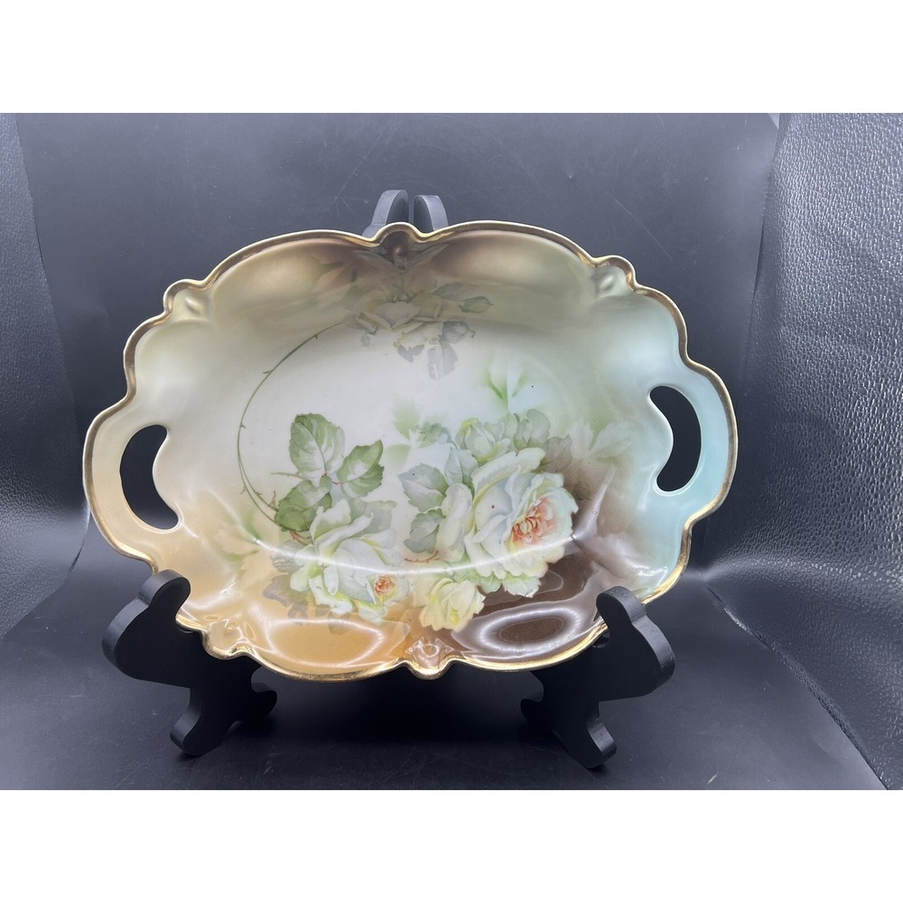 Antique Scalloped Bavarian Bowl with Handles Hand Painted Roses 13"x 9"
